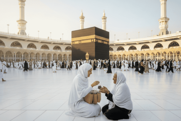 Perempuan muda membagikan bungkus kurma dari paper bag di depan Ka'bah saat musim Haji.