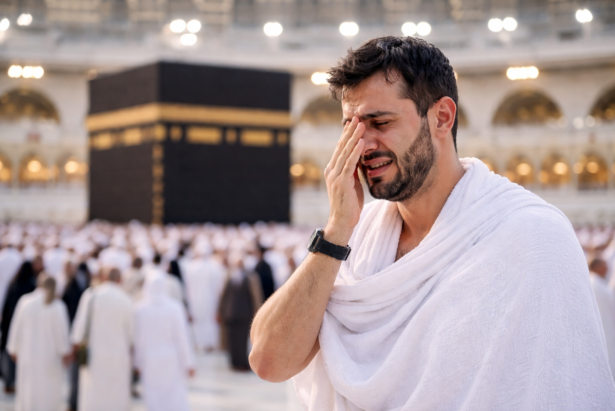 jamaah umrah menangis haru saat pertama melihat ka'bah di masjidil haram makkah