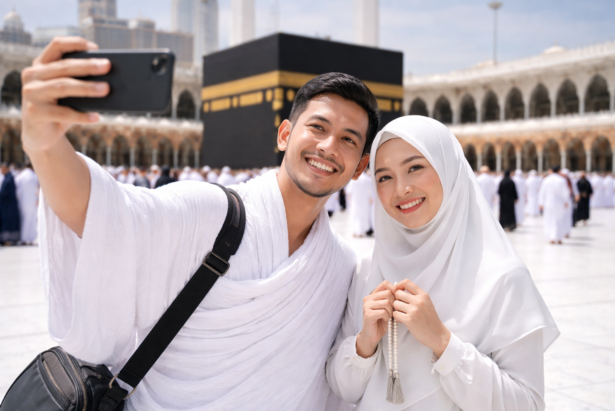 Jamaah umrah di makkah depan kaabah bersama agen umrah semarang terpercaya dan biaya umrah semarang terbaru
