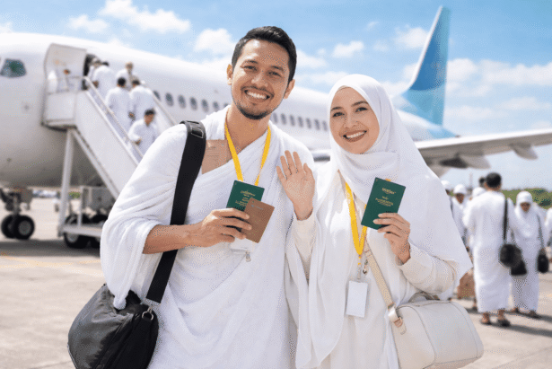 jamaah haji plus semarang naik pesawat menuju tanah suci dengan bahagia
