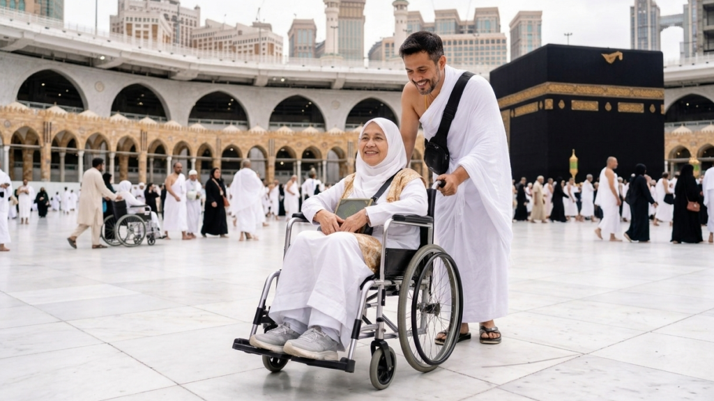 Pria berpakaian ihram mendorong ibu lansia di kursi roda dengan latar belakang Ka'bah dan Masjidil Haram Makkah, suasana ibadah umrah yang khidmat dan penuh kasih sayang.