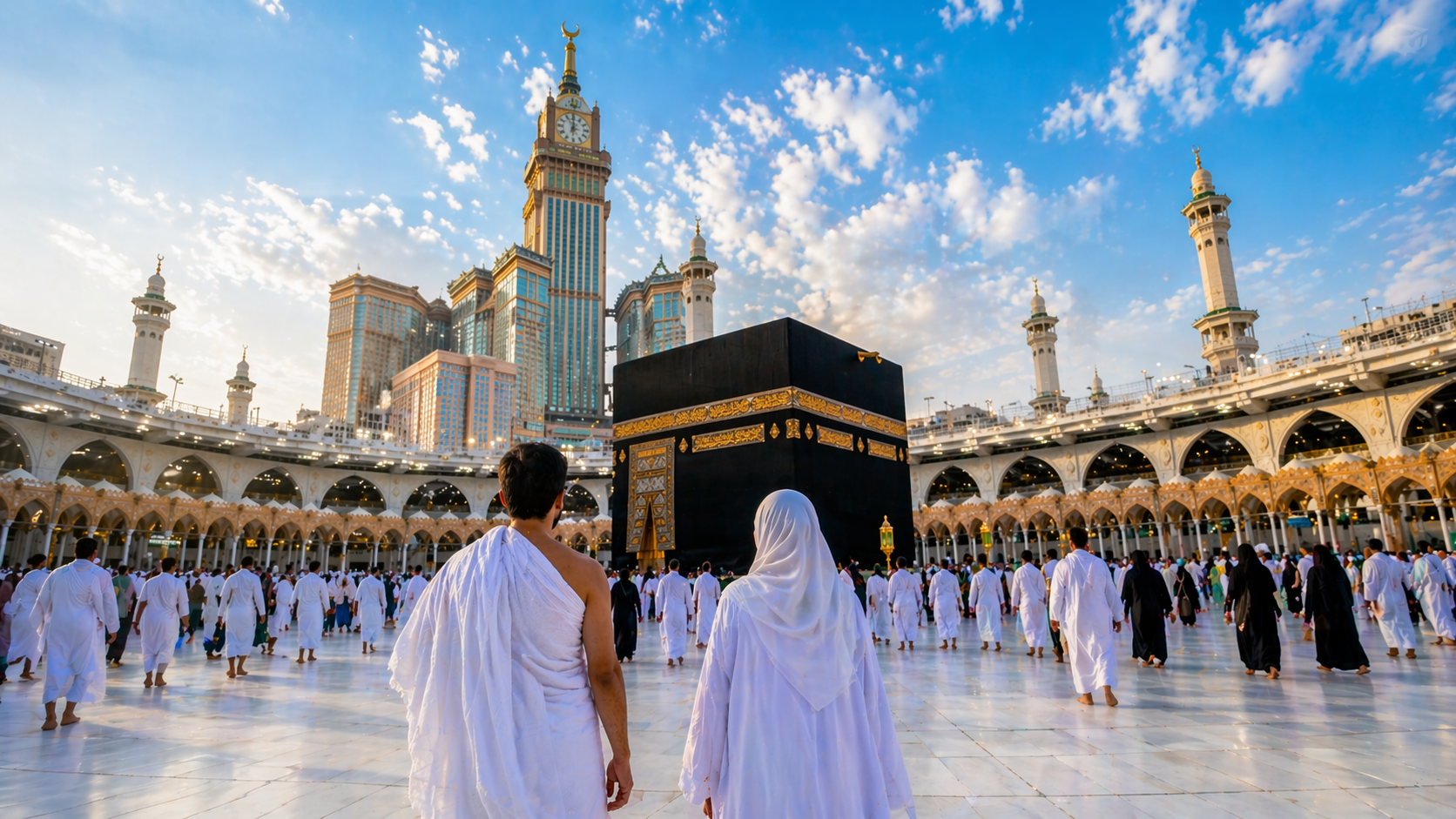 Jamaah umrah berjalan menuju Ka'bah di Masjidil Haram dengan latar menara Abraj Al Bait dan langit cerah