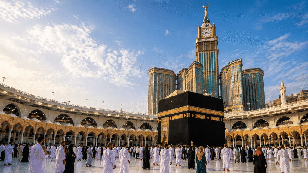 Jamaah umrah mengelilingi Ka'bah di Masjidil Haram dengan latar Menara Jam Mekkah