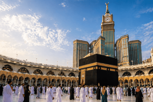 Jamaah umrah mengelilingi Ka'bah di Masjidil Haram dengan latar Menara Jam Mekkah
