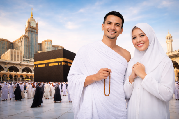 pasangan jamaah umrah Indonesia di Masjidil Haram Makkah dengan latar Ka'bah