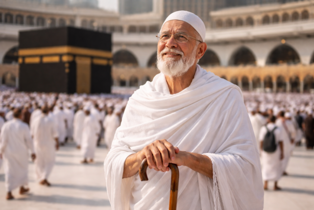 kakek jamaah umrah memegang tongkat di depan ka'bah mekkah saat ibadah umrah