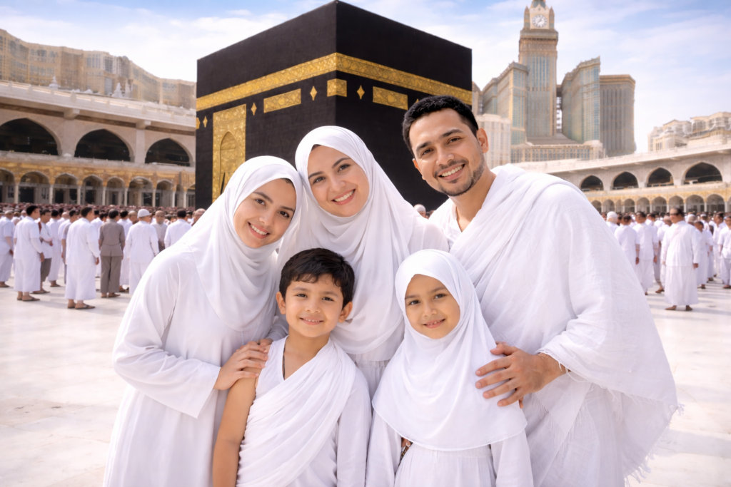 keluarga muslim mengenakan pakaian putih berfoto di depan ka'bah saat umrah dengan jamaah lain sedang tawaf