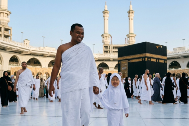 Foto seorang ayah mengenakan ihram putih menggandeng tangan putrinya yang mengenakan jilbab putih di pelataran Masjidil Haram. Di latar belakang terlihat Ka'bah yang megah dan jemaah lain di bawah langit cerah
