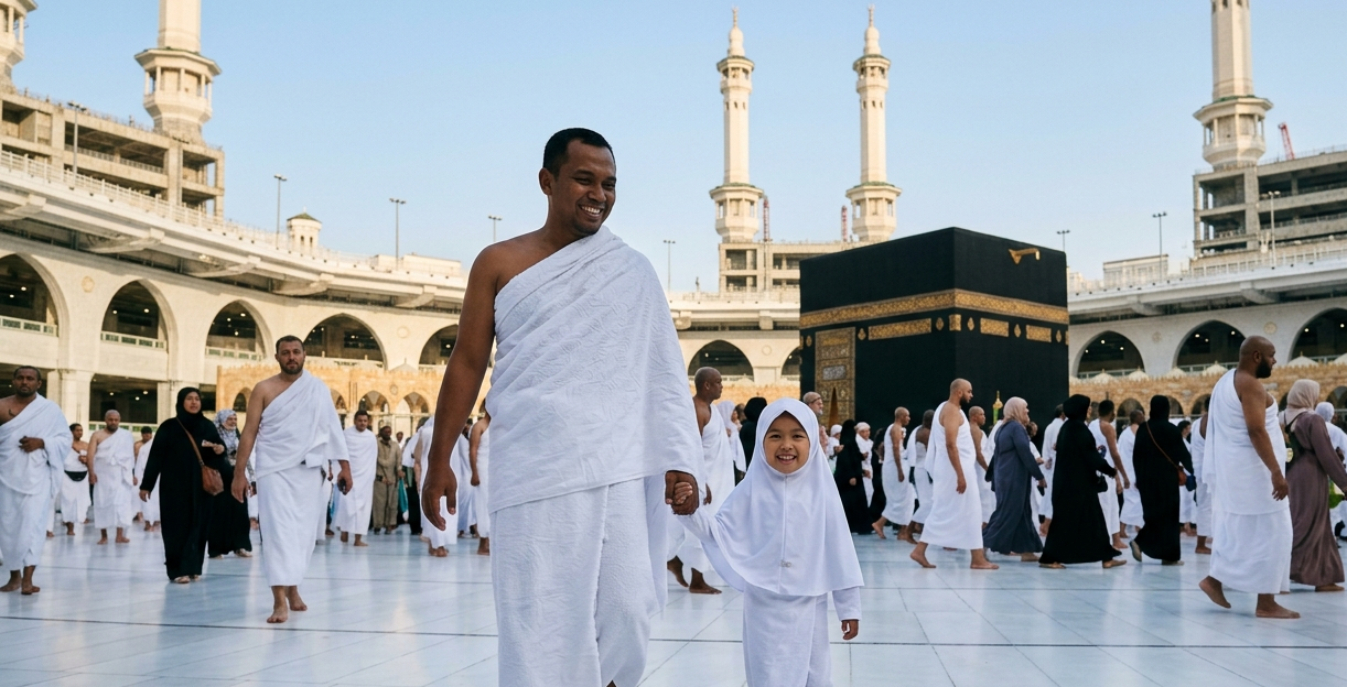 Foto seorang ayah mengenakan ihram putih menggandeng tangan putrinya yang mengenakan jilbab putih di pelataran Masjidil Haram. Di latar belakang terlihat Ka'bah yang megah dan jemaah lain di bawah langit cerah