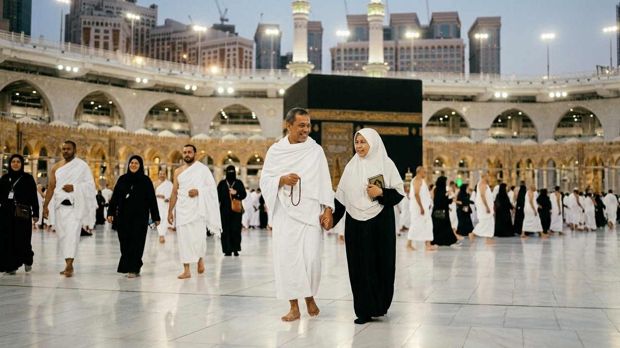pasangan jamaah umrah berjalan bersama dengan suasana hangat dan khusyuk di masjidil haram