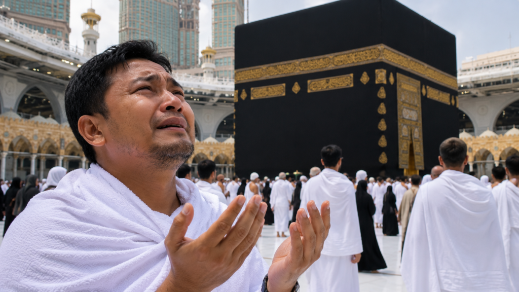 Jamaah umrah Indonesia sedang berdoa dengan haru di depan Ka'bah saat menjalankan ibadah umrah di Tanah Suci