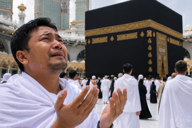 Jamaah umrah Indonesia sedang berdoa dengan haru di depan Ka'bah saat menjalankan ibadah umrah di Tanah Suci