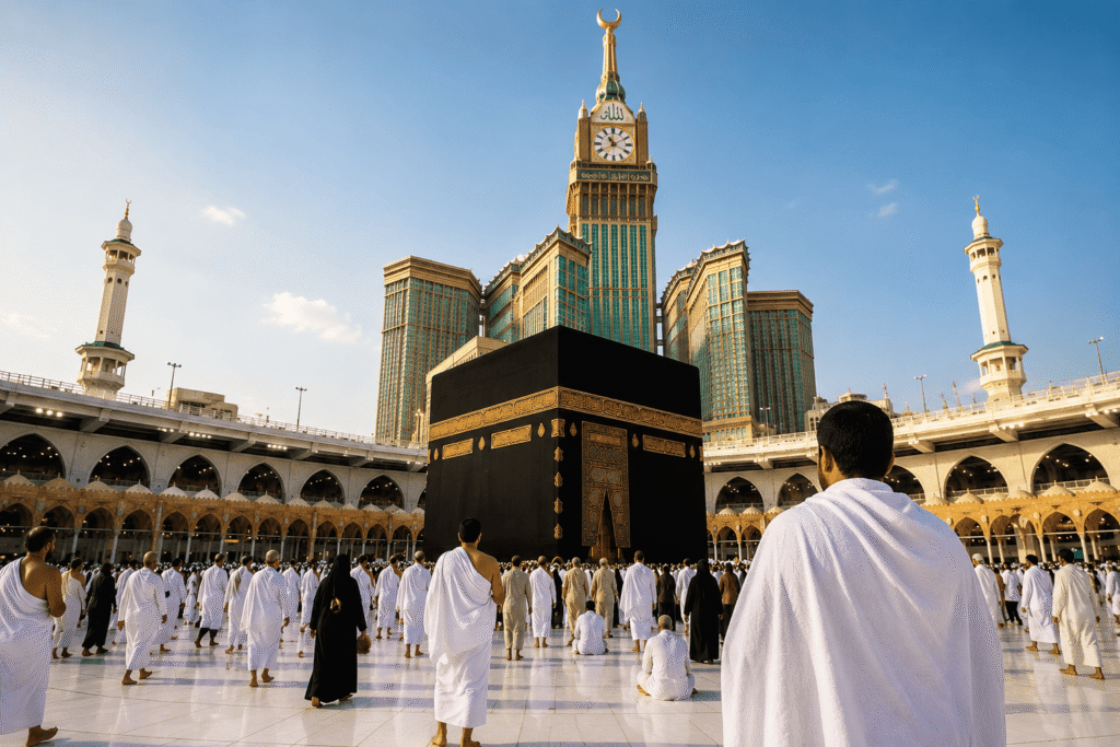 Jamaah umrah sedang beribadah di depan Ka'bah Masjidil Haram Makkah