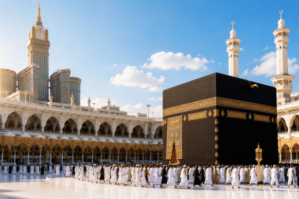 Suasana Ka'bah di Masjidil Haram dengan jamaah umroh mengelilingi area tawaf saat cuaca cerah di Mekkah.