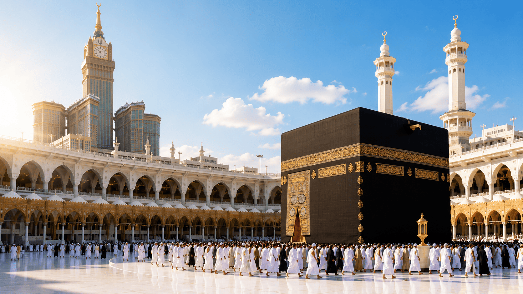 Suasana Ka'bah di Masjidil Haram dengan jamaah umroh mengelilingi area tawaf saat cuaca cerah di Mekkah.