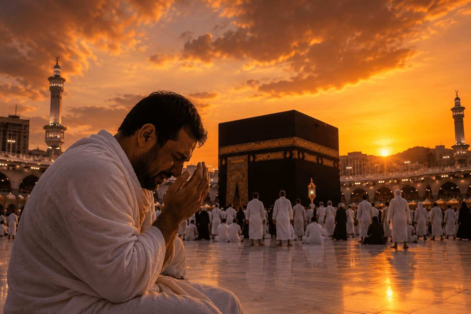 Jamaah umrah sedang menangis haru di depan Ka'bah saat senja di Masjidil Haram