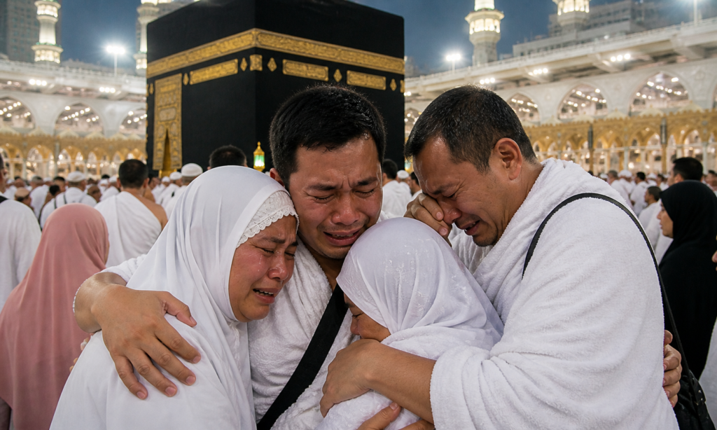 Jamaah umroh menangis bersama di depan Ka'bah saat ibadah di Mekkah
