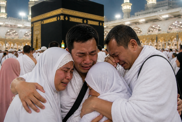 Jamaah umroh menangis bersama di depan Ka'bah saat ibadah di Mekkah